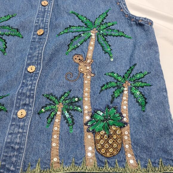 VINTAGE 90s shirt monkey palm tree embellished blue denim top L - Picture 5 of 10